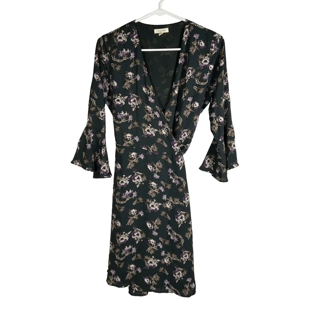Gilli Floral Wrap Dress Small Dark Green Purple Bell Sleeve V-Neck JD7047‎
